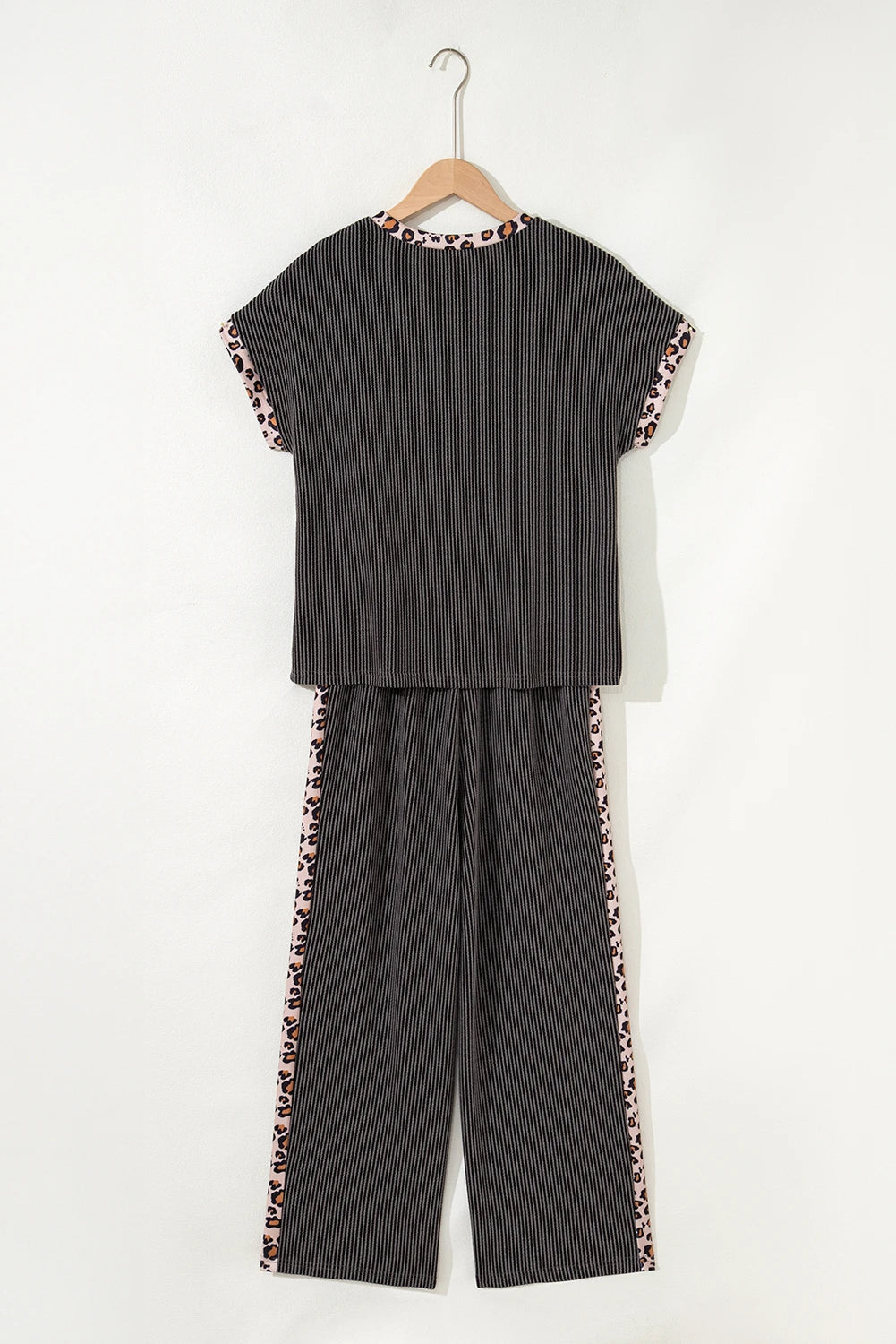Carbon Grey Leopard Patchwork Edge Twisted Rib T Shirt and Cropped Pants Set