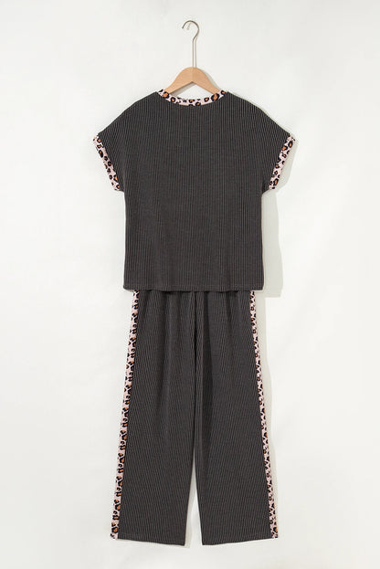 Carbon Grey Leopard Patchwork Edge Twisted Rib T Shirt and Cropped Pants Set