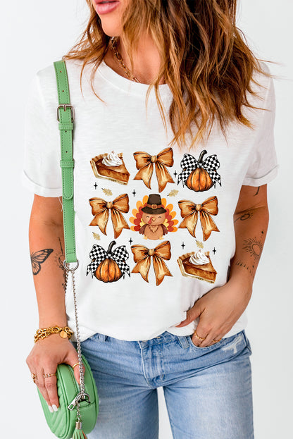 White Bow Turkey Pumpkin Pie Thanksgiving Graphic T Shirt