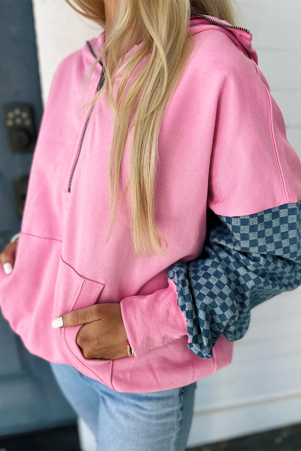 Bonbon Checkered Patchwork Half Zip Hoodie with Pocket