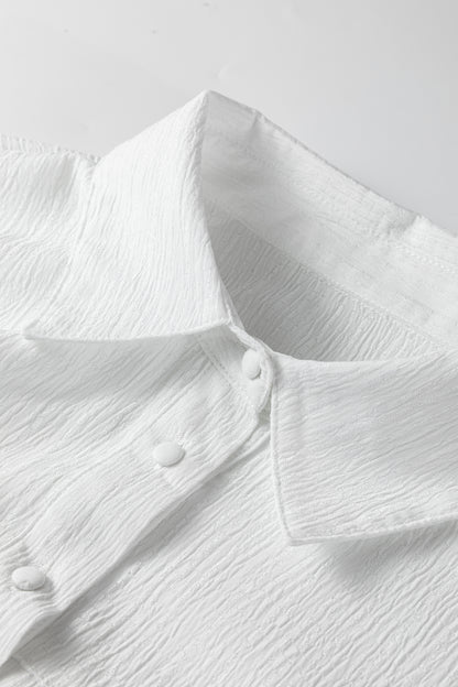 White Crinkle Button Down Top with Lantern Sleeves Loose Fit