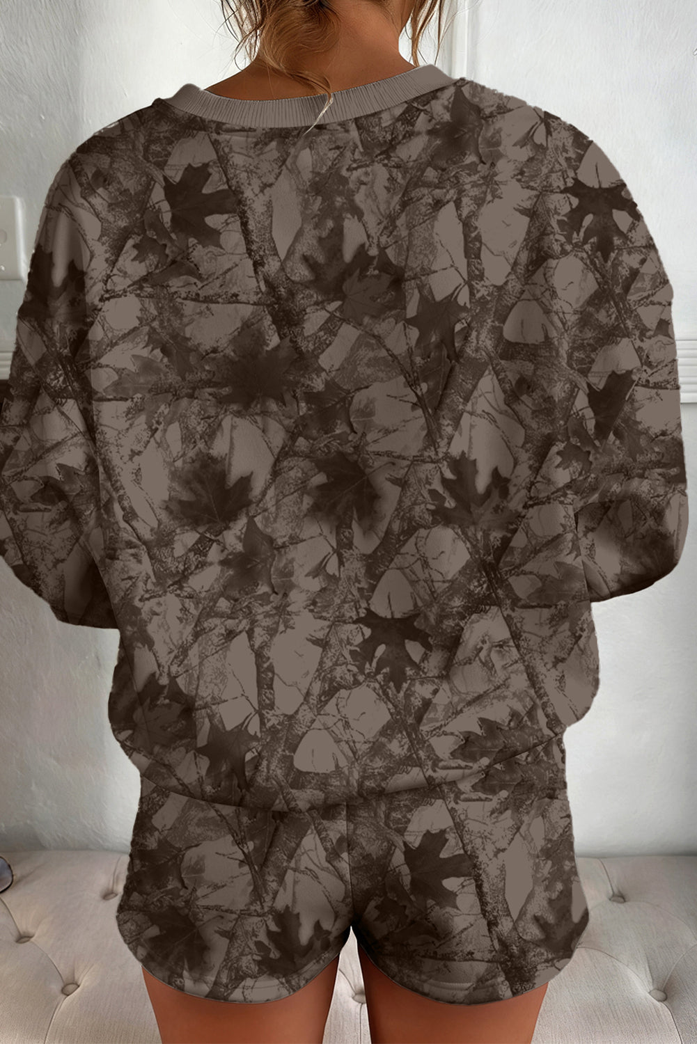 Light Grey Abstract Woodland Camo Print Baggy Pullover Drawstring Shorts Set