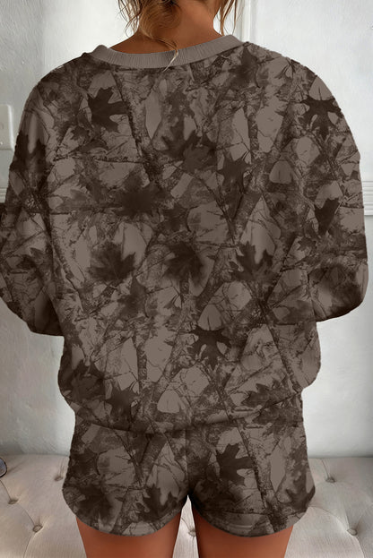 Light Grey Abstract Woodland Camo Print Baggy Pullover Drawstring Shorts Set
