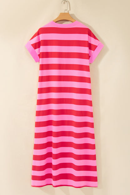 Orange Stripe Cuffed Short Sleeve Pocketed Casual T Shirt Long Dress