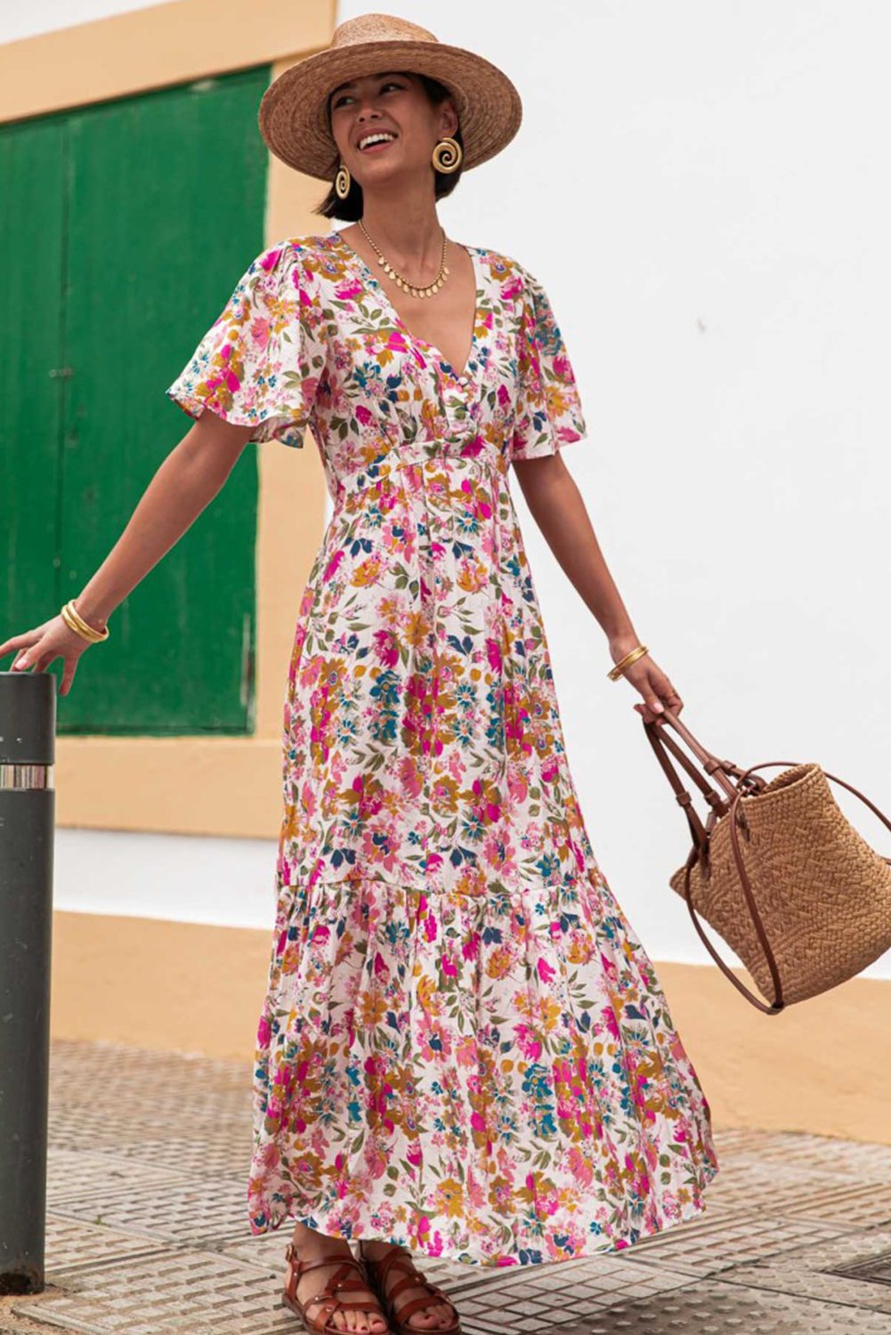 Easter Floral V Neck Short Sleeve Boho Maxi Dress
