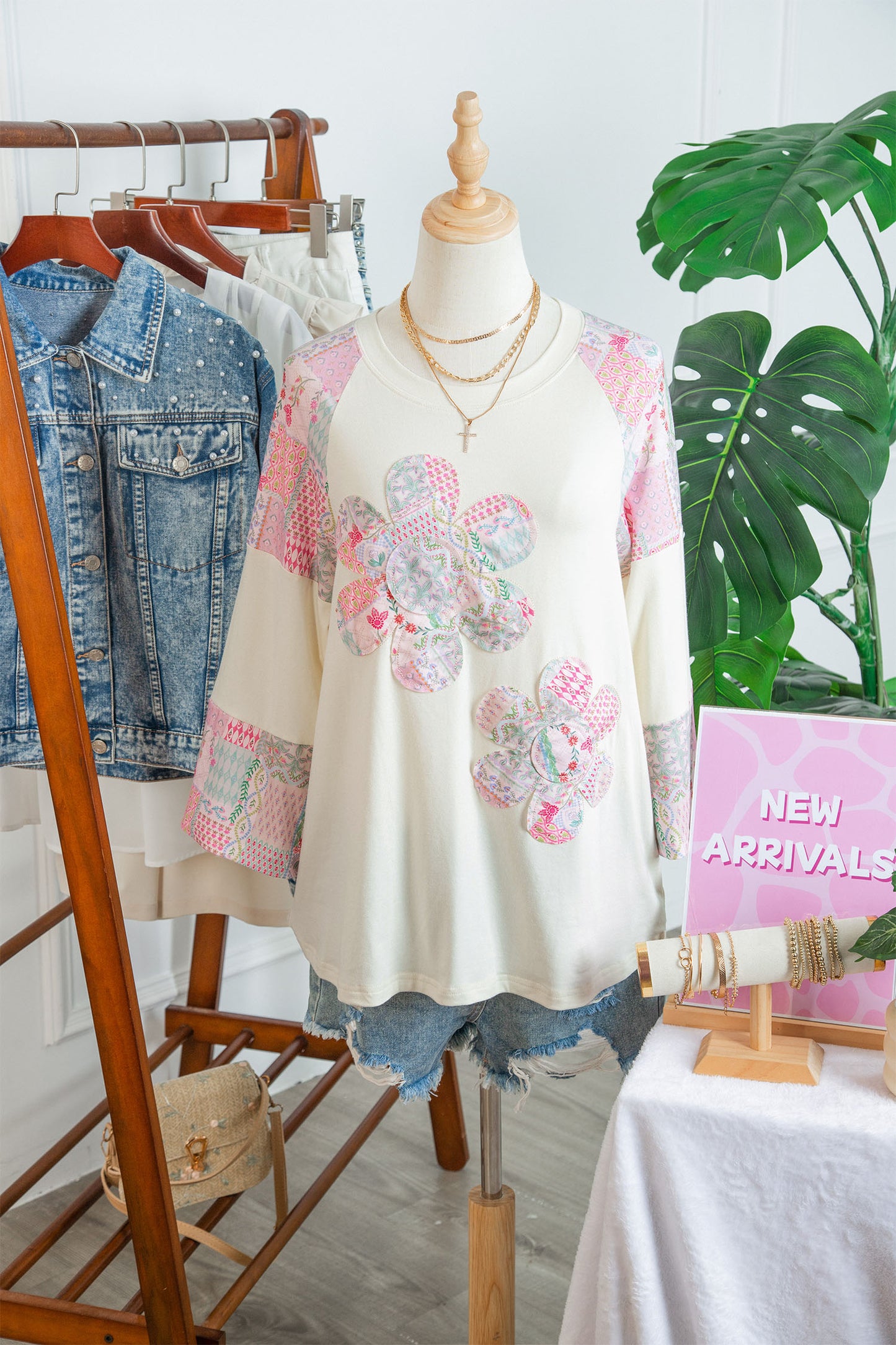 Boho Patchwork Floral Graphic Long Sleeve Top Women