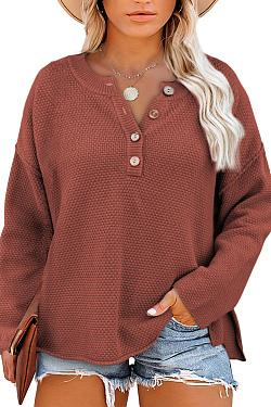 Women's Oversized Sweaters Batwing Long Sleeve Loose V Neck Button Henley Tops Pullover Knit