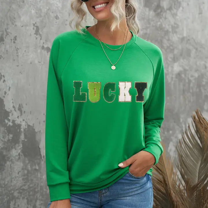 LUCKY Chenille Letter Graphic Sweatshirt – St. Patrick’s Day