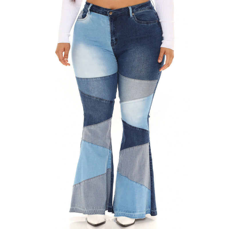 Women Patchwork Flare Jeans Bell Bottom Raw Hem Denim High Waist Multi-Tone Color Block Plus Size Pants