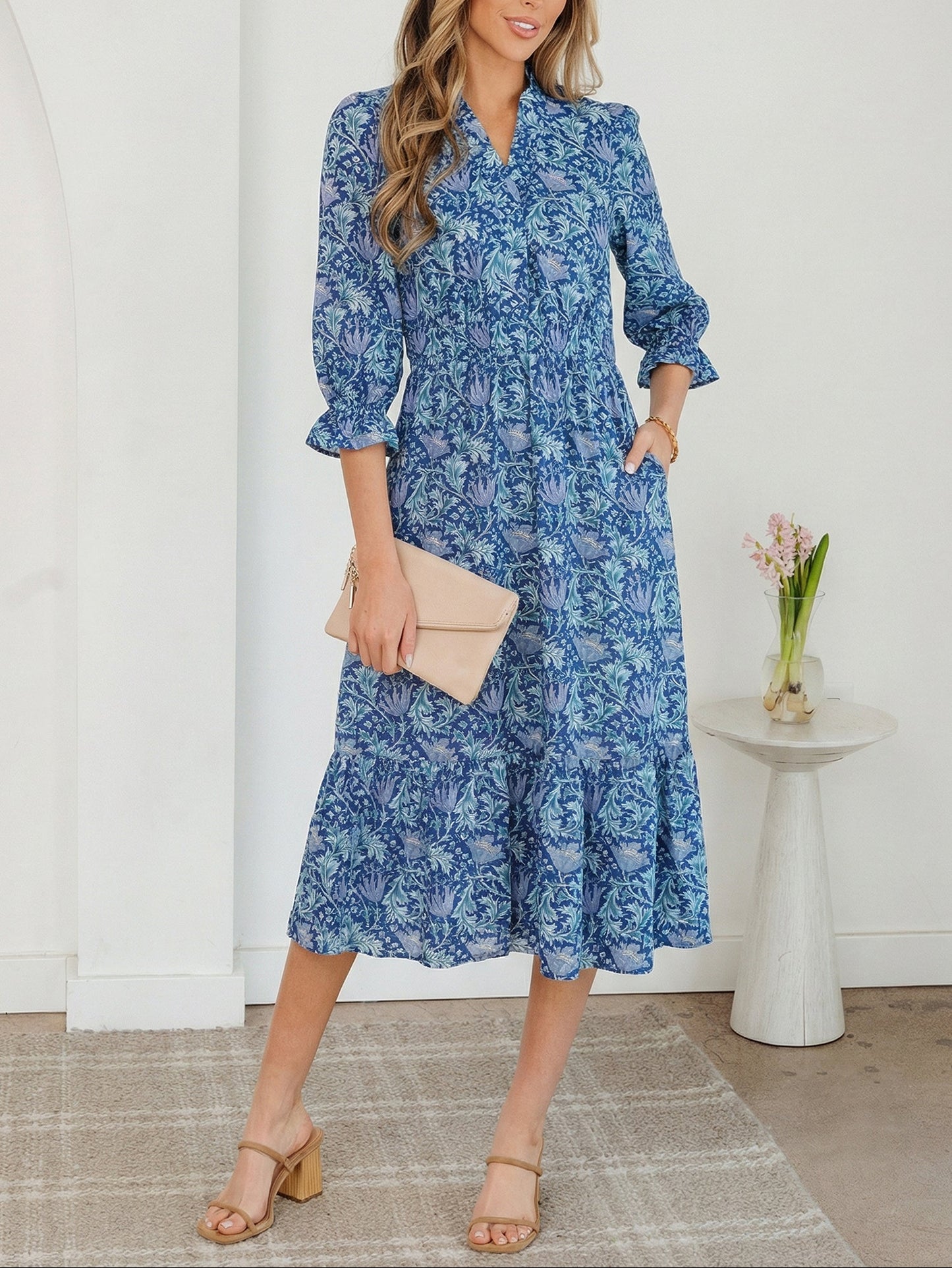 Floral V Neck Midi Dress Women Casual Boho Dress