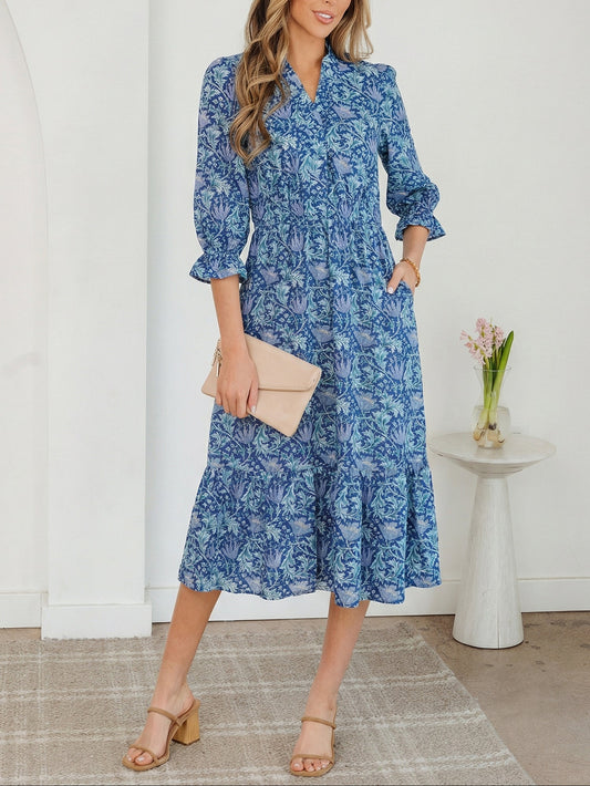 Floral V Neck Midi Dress Women Casual Boho Dress