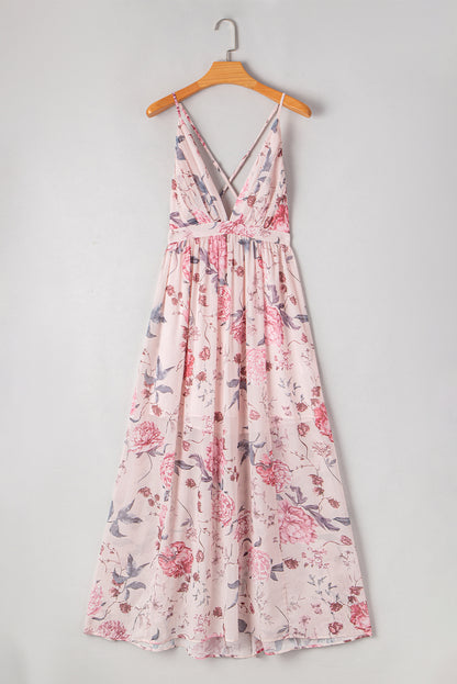 Floral V Neck Maxi Dress Backless Boho Vacation Dress