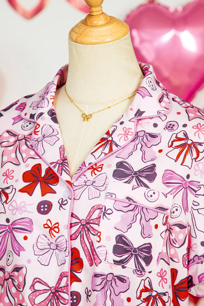 Pink Cute Ribbon Bows Printed Shirt Style 2pcs Pajama Set