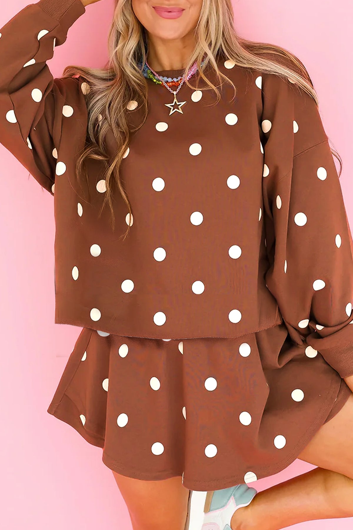 Brown Polka Dot Sweatshirt Skort Two Piece Set