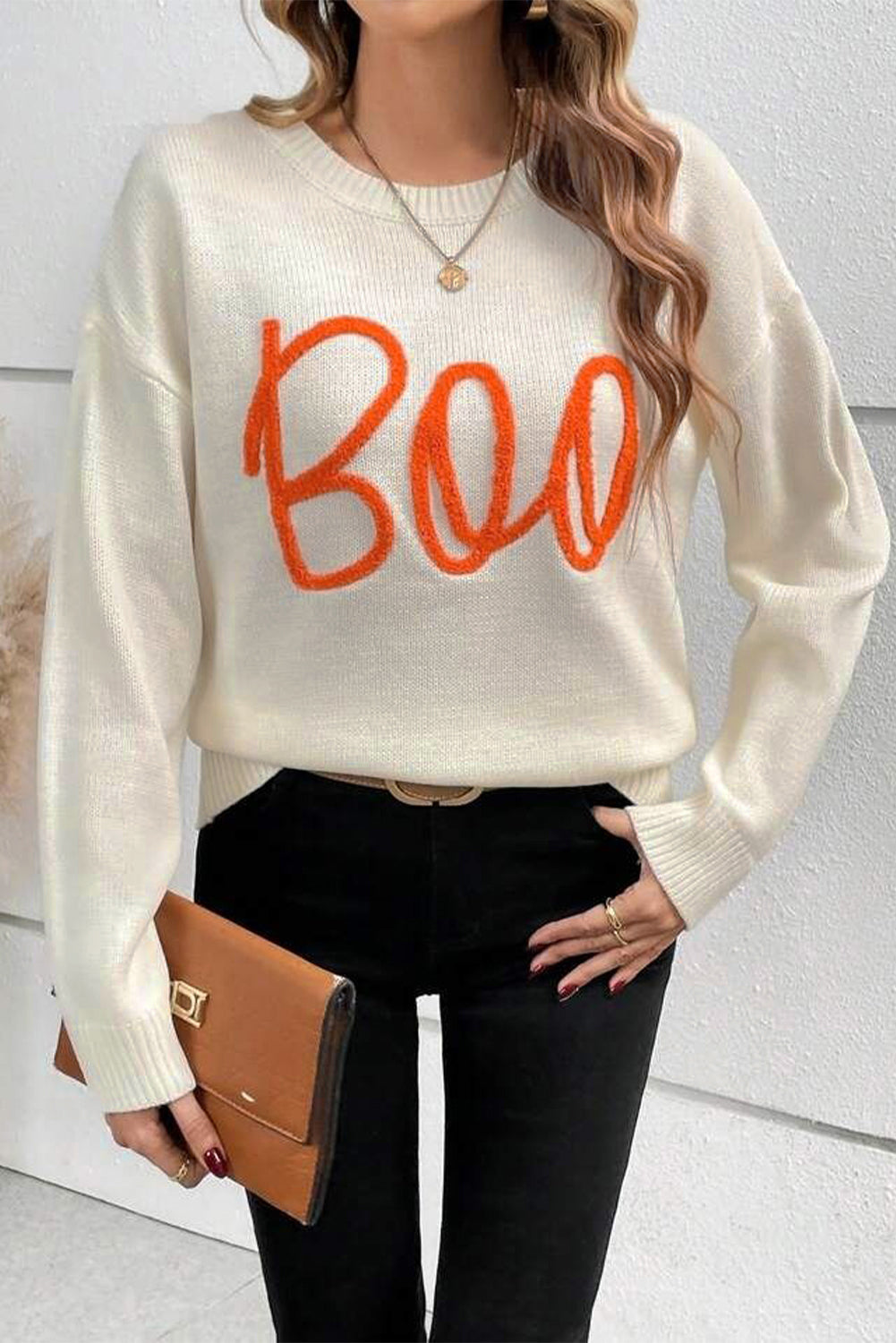 Apricot Boo Knitted Pattern Ribbed Edge Drop Shoulder Sweater