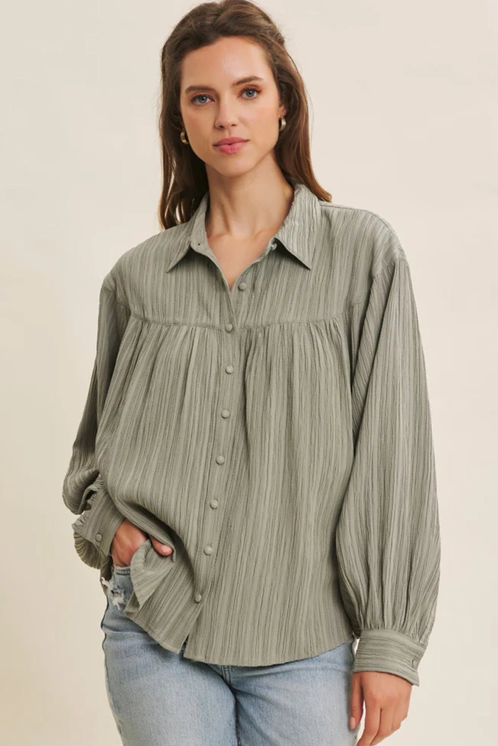 White Crinkle Button Down Top with Lantern Sleeves Loose Fit