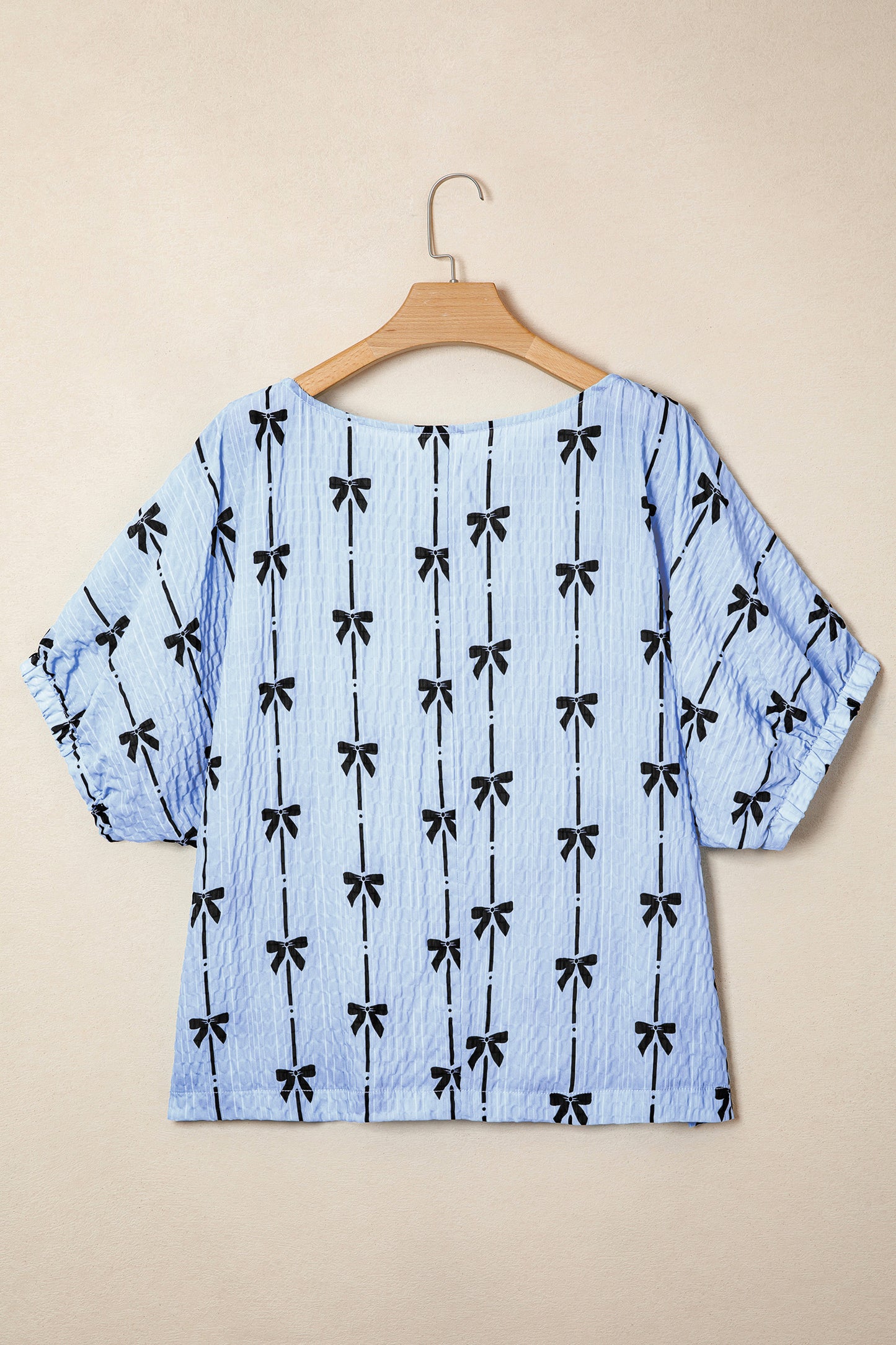 Beige Bow Print Puff Sleeve Blouse Casual Top