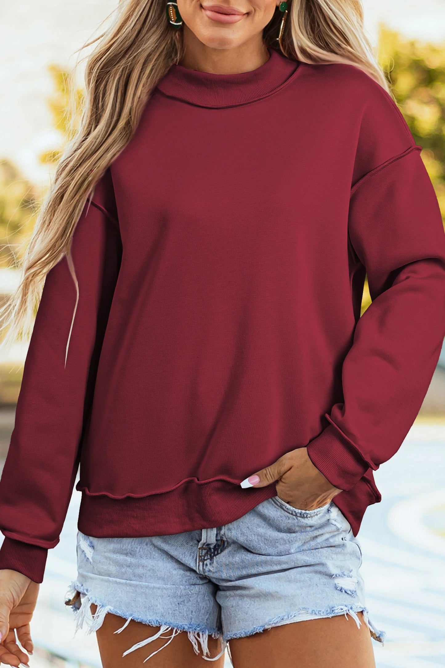 Bright Pink Oversize Drop Shoulder Reversible Mock Neck Sweatshirt