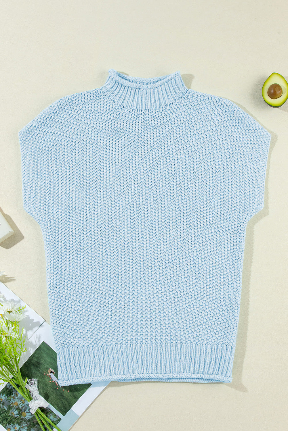 Iceland Blue Knit Sweater Top with Mock Neck & Cap Sleeves