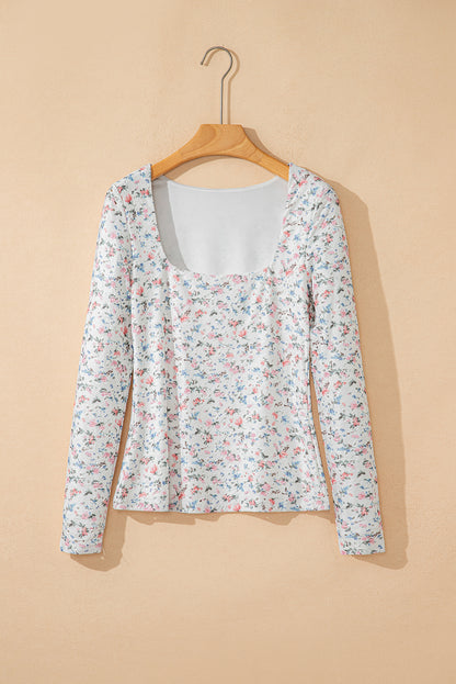Floral Square Neck Fitted Top Long Sleeve Coquette Shirt