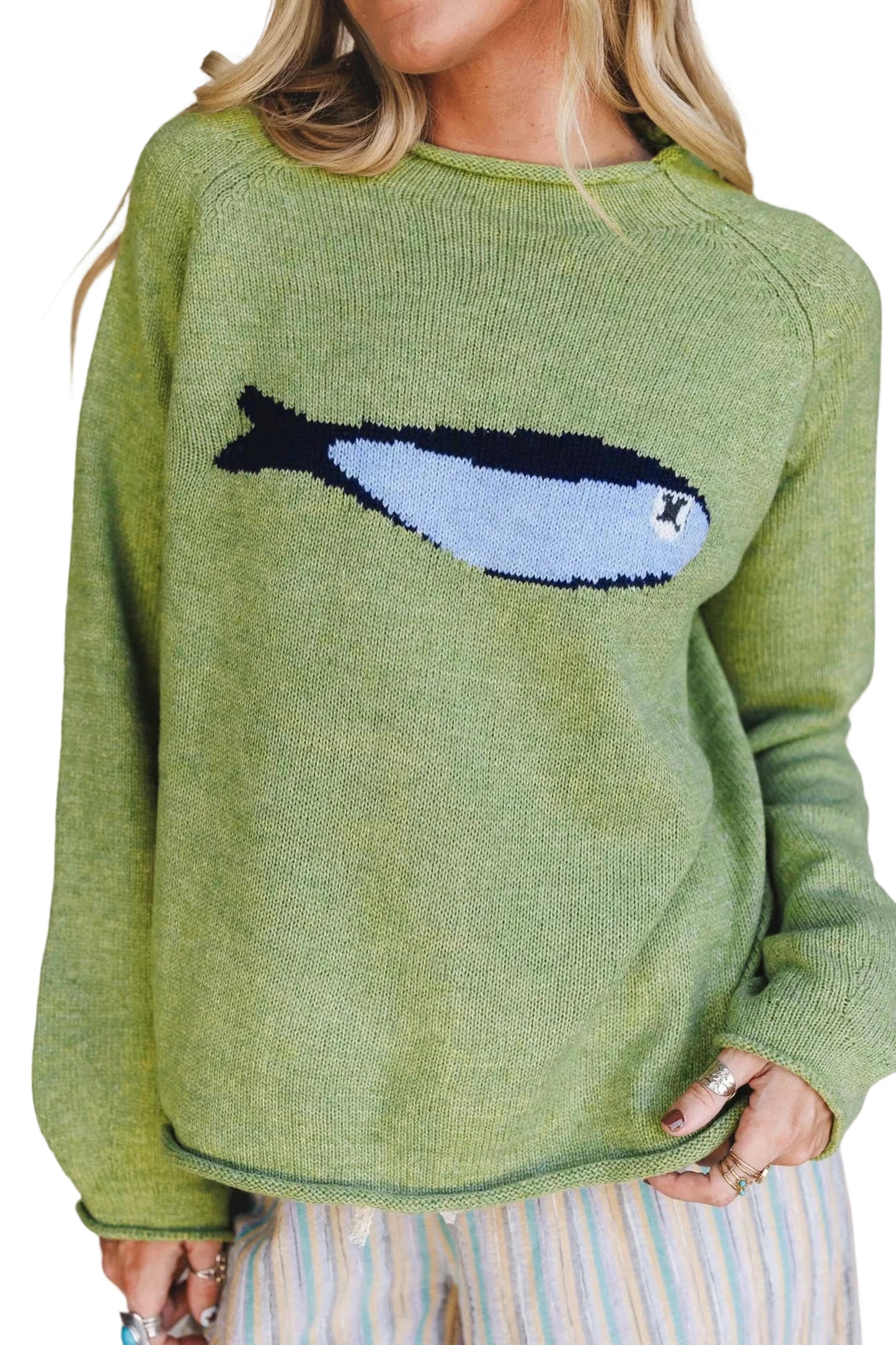 Meadow Mist Green Fish Graphic Oversized Knit Sweater