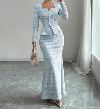 Women Elegant Tweed Blazer Dress 2 Piece Set