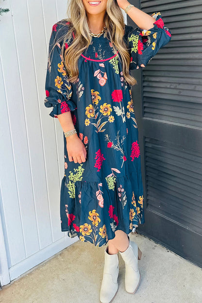 Blue Floral Print Gathered Neckline 7/8 Sleeve Casual Midi Dress