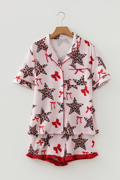 Valentine Leopard Star Ribbon Print Contrast Trim Pajama Set