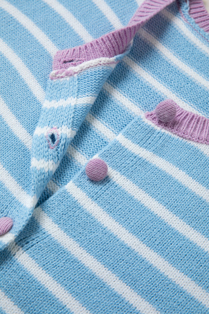 Sky Blue Pastel Stripe Button Knit Cardigan Sweater Top