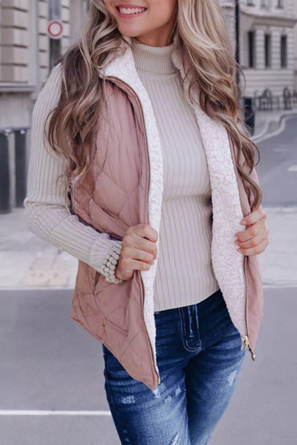 Pink Fleece Lined Quilted Zip Up Vest Jacket