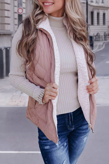 Pink Fleece Lined Quilted Zip Up Vest Jacket