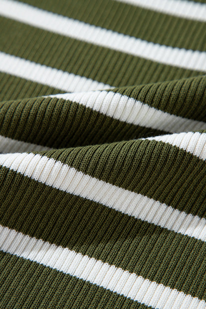 Green Stripe Ribbed Knit Henley Buttons Slim Fit Sweater