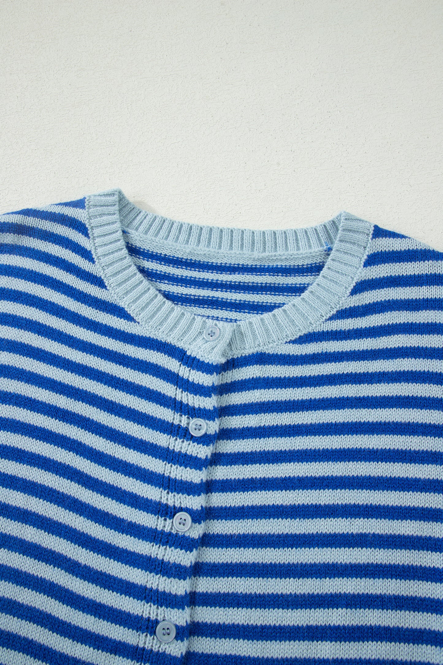 Blue Stripe Knit Cardigan Half Sleeve Button Front Sweater