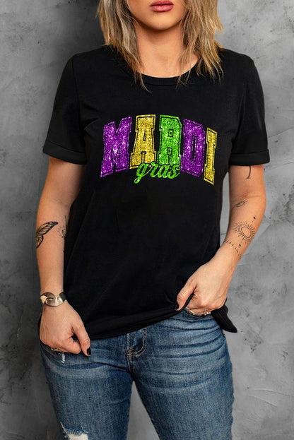 Black Glitter Mardi Gras Letter Graphic Heat Transfer Tee