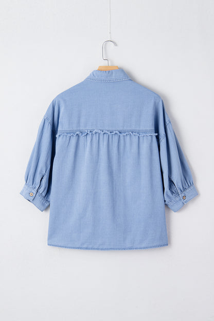 Washed Chambray Drop Shoulder Bracelet Sleeve Shirt