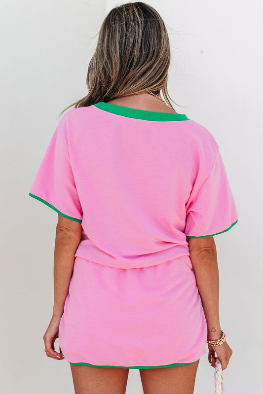 Bonbon Colorblock Trim Drop Shoulder Tee Skort Set