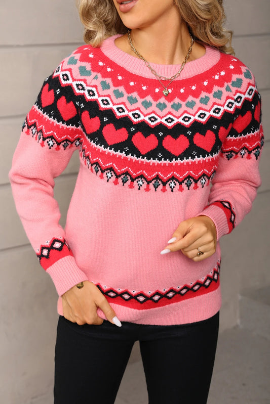 Valentine Sweet Heart Pattern White Knit Sweater Women