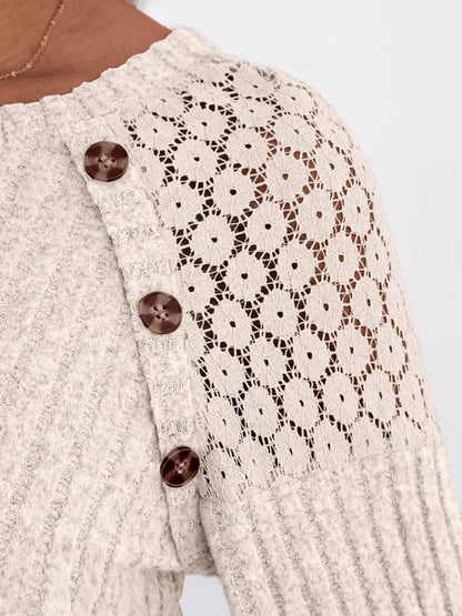 Solid Ribbed Knit Button Pullover with Lace & Buttons