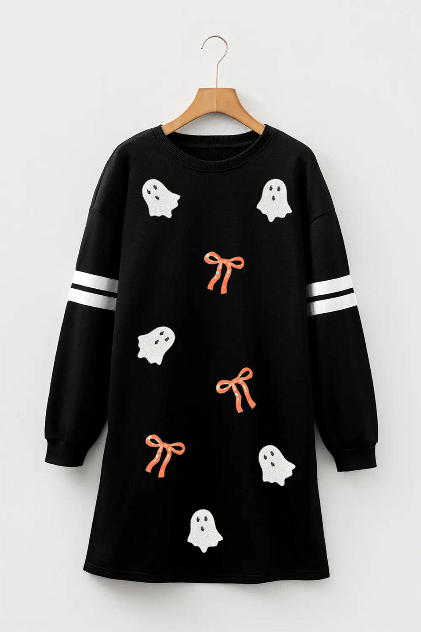 Sequin Ghost Bow Varsity Stripe Halloween Sweatshirt Dress