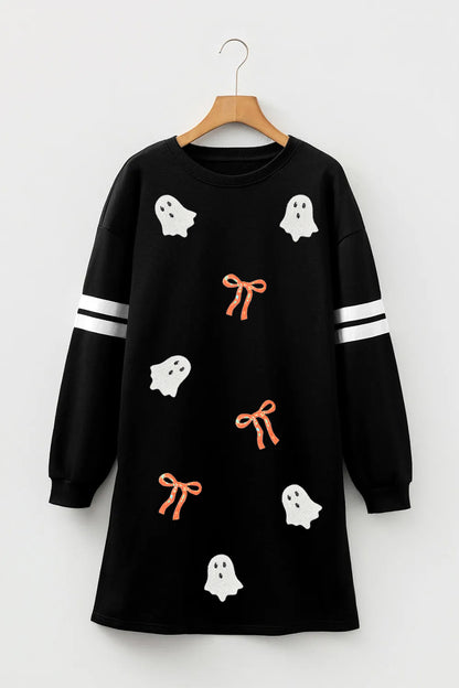 Sequin Ghost Bow Varsity Stripe Halloween Sweatshirt Dress