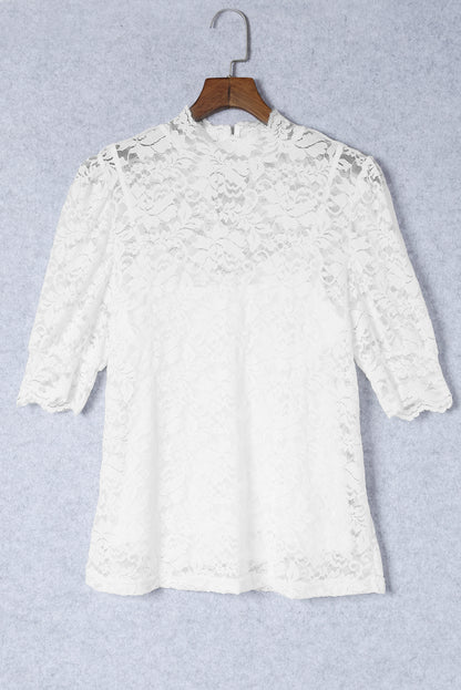 Green High Neck Lace Short Sleeve Blouse