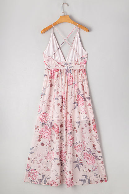 Floral V Neck Maxi Dress Backless Boho Vacation Dress