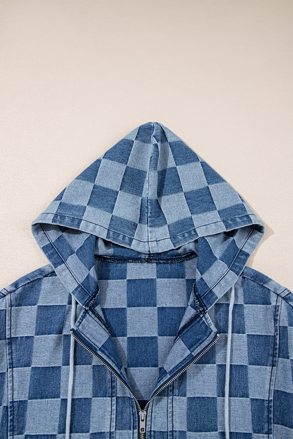 Sky Blue Checkerboard Quarter Zip Denim Hoodie with Pocket