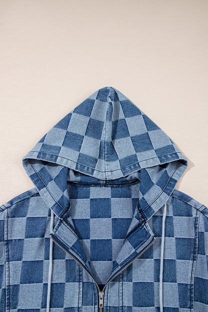Sky Blue Checkerboard Quarter Zip Denim Hoodie with Pocket