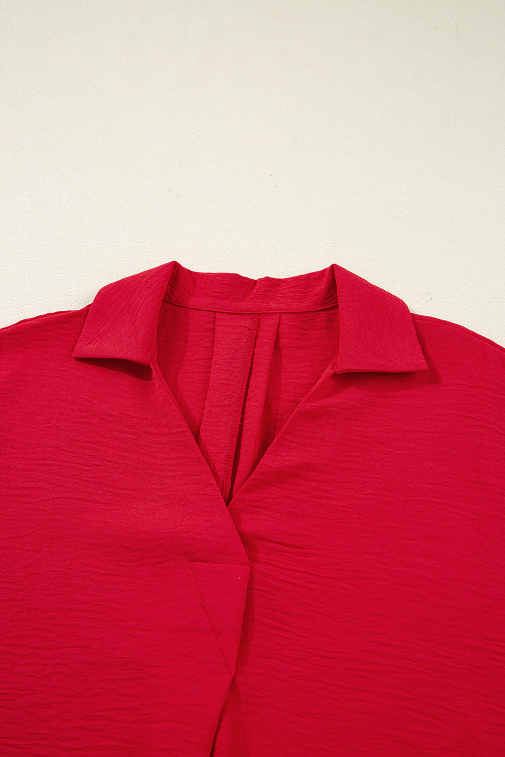 Red V Neck Collared Blouse Loose Fit Smocked Sleeve