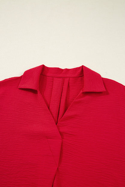 Red V Neck Collared Blouse Loose Fit Smocked Sleeve