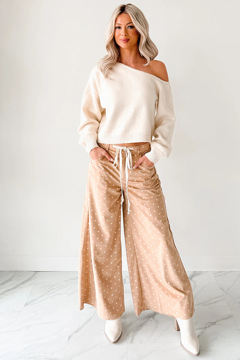 Khaki Polka Dot Drawstring Wide Leg Pants