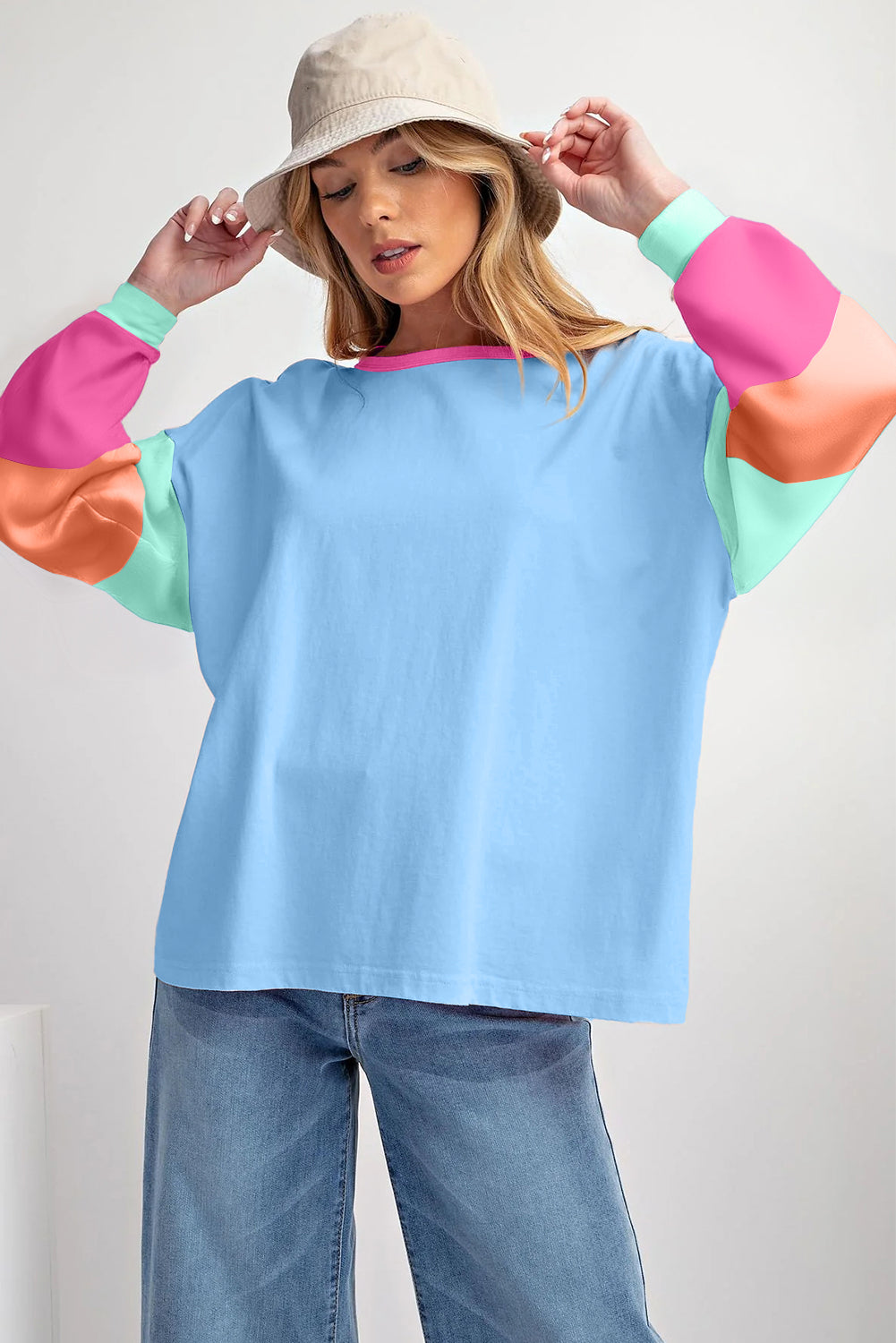 Green Colorblock Patchwork Long Sleeve Loose Top