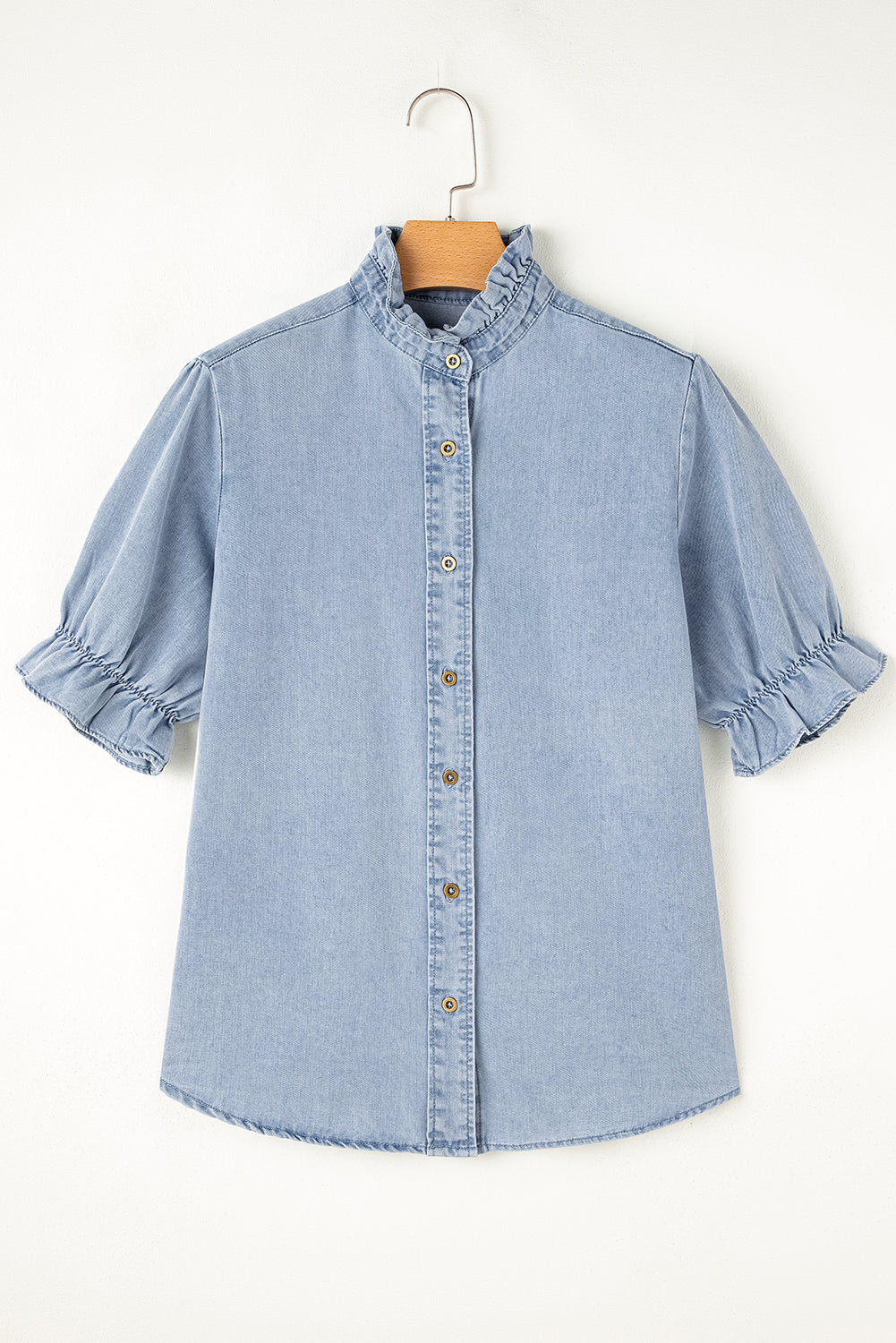Light Wash Chambray Puff Sleeve Button Up Shirt