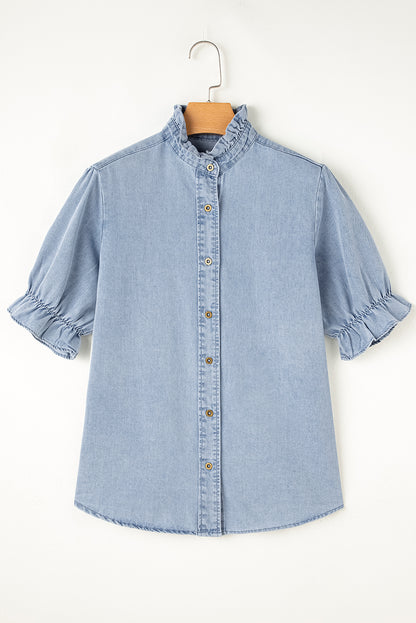Light Wash Chambray Puff Sleeve Button Up Shirt